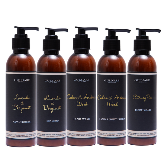 LAVENDER & BERGAMOT CONDITIONER + LAVENDER & BERGAMOT SHAMPOO + CEDAR & ARABIAN WOOD HAND WASH + CEDAR & ARABIAN WOOD HAND & BODY LOTION + CITRUSY PINE SHOWER GEL